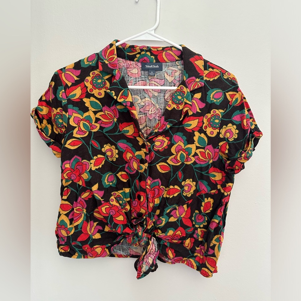 Modcloth Retro Crop Floral Front Tie Button Down Colorful Top Linen Blend